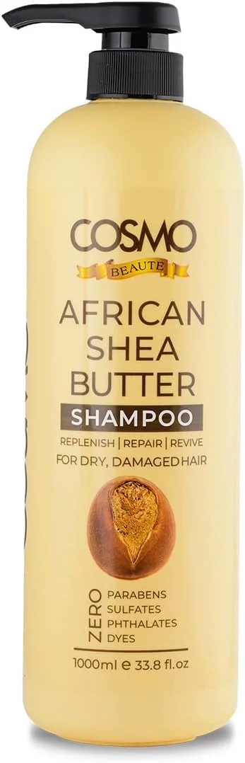 شامپو کره شی آفریقایی Cosmo Beauty برای موهای خشک و آسیب دیده 1000 میلی لیتر، شامپوها، تغذیه کننده، ترمیم کننده، احیا کننده، بدون پارابن، بدون سولفات، بدون فتالات، بدون رنگ، مراقبت از مو، مردان و زنان