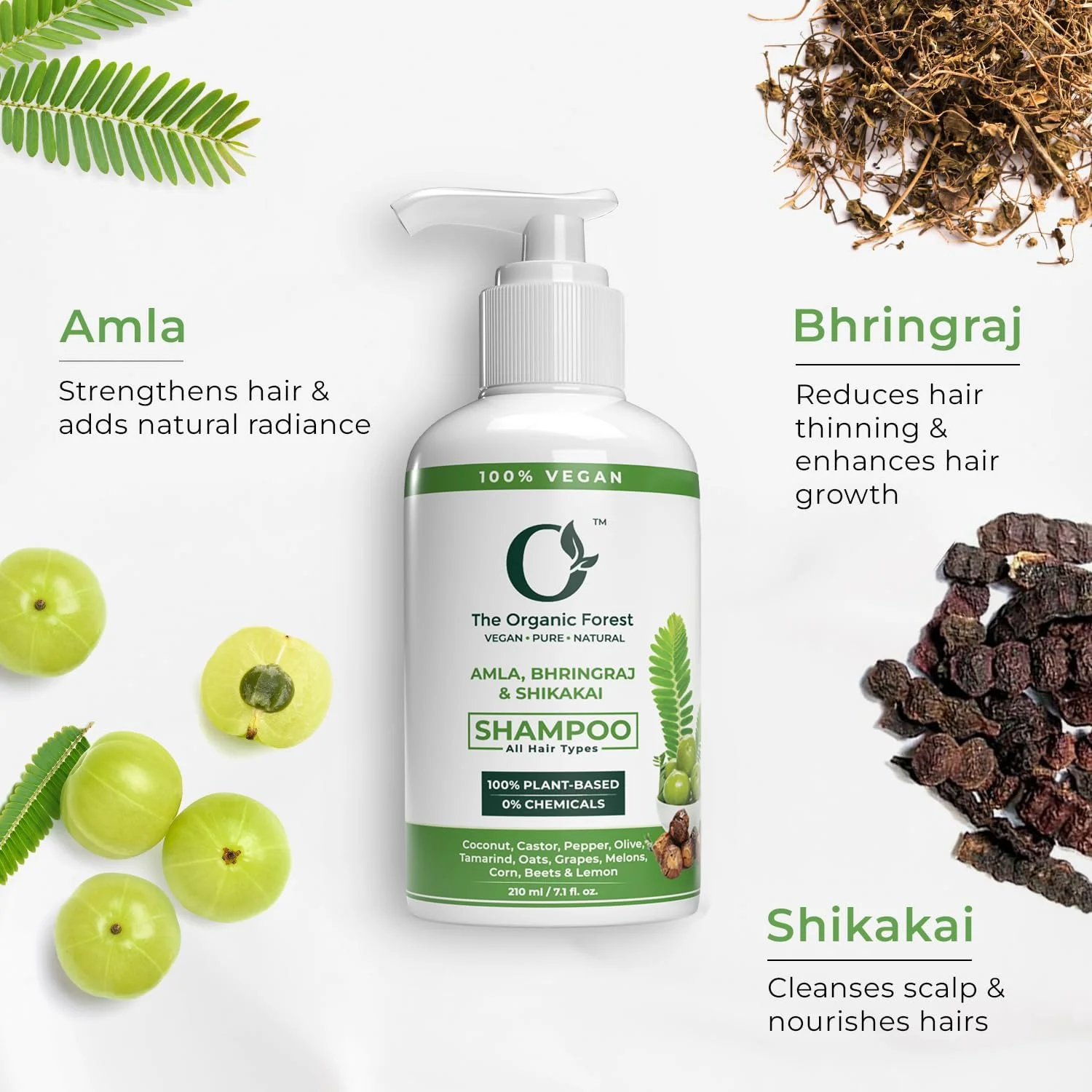 شامپو ۱۰۰٪ گیاهی آملا، شیکاکای و برینگراج با مواد فعال ارگانیک | شامپو ضد ریزش موی طبیعی بدون پارابن و سولفات برای موهای خشک و آسیب دیده