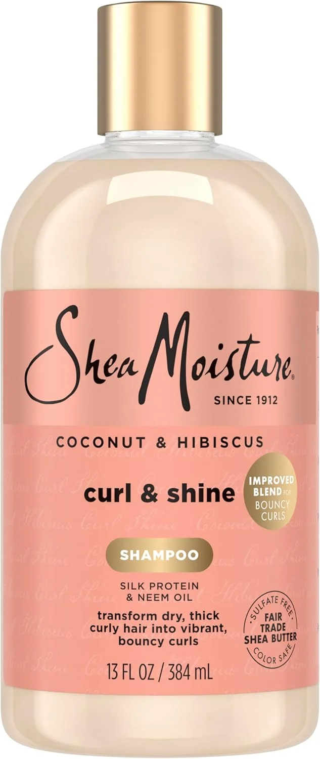 شامپو نارگیل و گل بامیه Shea Moisture مخصوص فر و درخشش مو، مناسب برای خانم ها و آقایان، 384 میلی لیتر