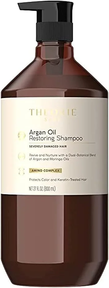شامپو ترمیم کننده روغن آرگان تئوری - احیا کننده و مرطوب کننده - بدون سولفات - مناسب برای انواع مو - ایمن برای موهای رنگ شده و کراتینه شده، بطری پمپی 800 میلی لیتر.