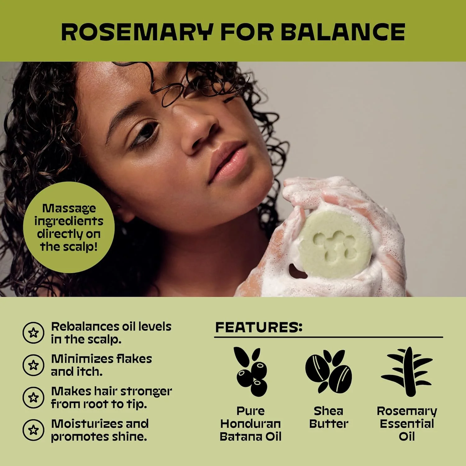 شامپو بار پایدار NOLE CARE با رزماری نعناع و روغن باتانا، برای موهای خشک، ضد شوره (85 گرم) - متعادل PH، بر پایه پروتئین برنج، برای موهای نازک، بدون سولفات، بدون پلاستیک