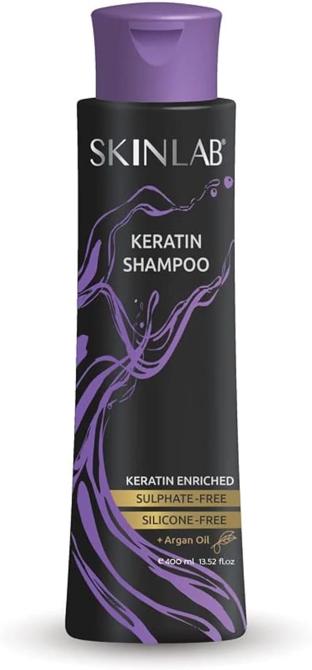 شامپو کراتین SKINLAB حجم 400 میلی لیتر، غنی شده با کراتین، بدون سولفات، بدون سیلیکون، + روغن آرگان