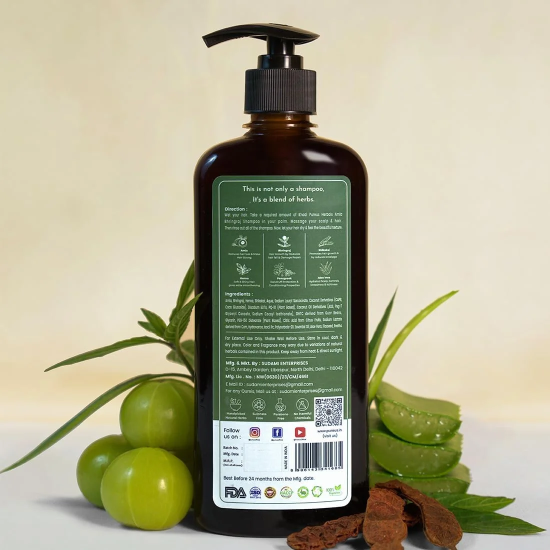 شامپو گیاهی شری کشا آملا برینگراج PUREUS Herbals برای ریزش مو، رشد مو، کنترل شوره سر و موهای مشکی براق | برای زنان و مردان (450 میلی لیتر)، 490 گرم