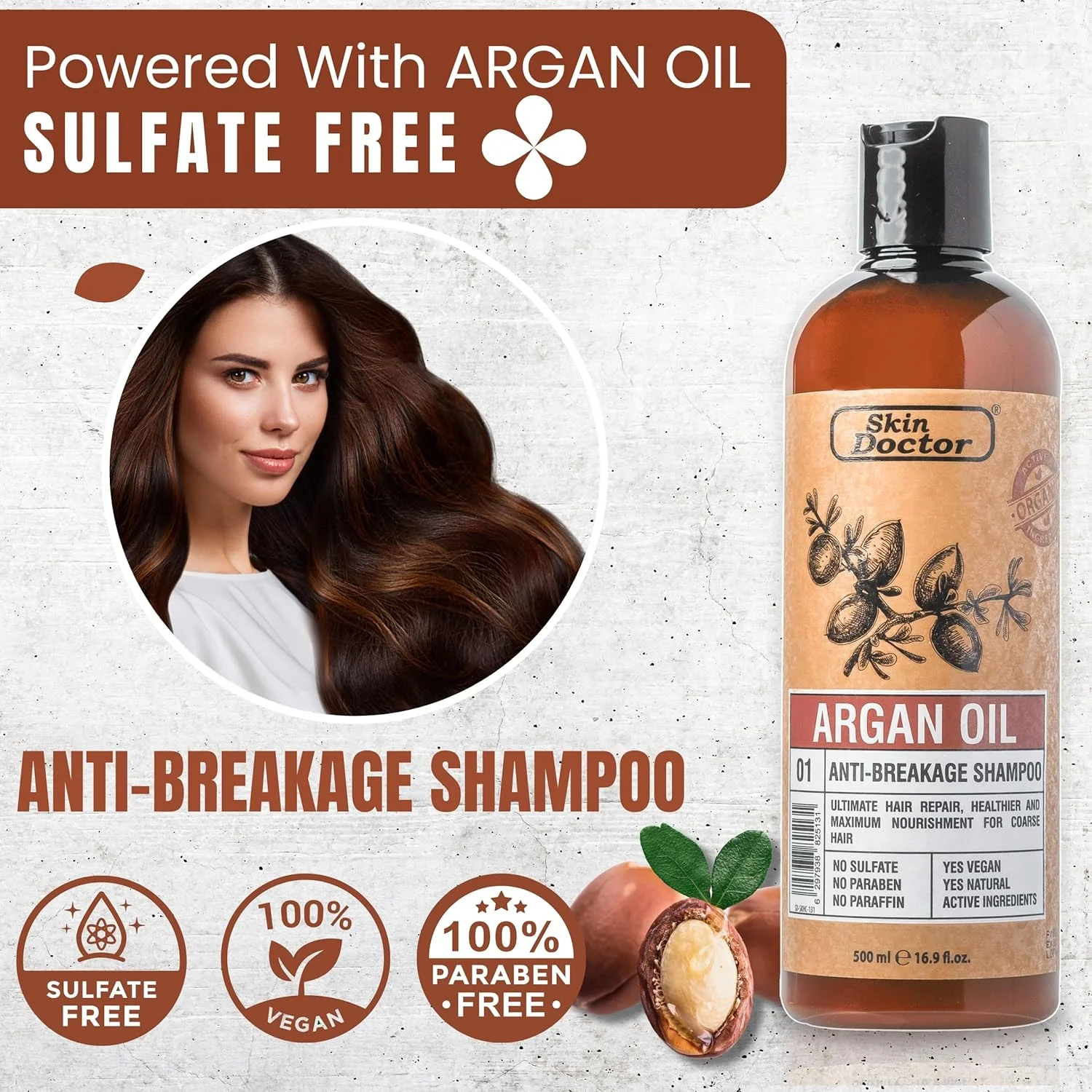 شامپو روغن آرگان ضد شکستگی مو Skin Doctor، مراقبت از مو بدون سولفات - آبرسانی فوق العاده و مراقبت ضد پیری مو، 500 میلی لیتر