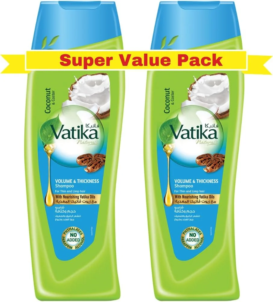 شامپو حجم دهنده و ضخیم کننده موهای نازک Vatika Naturals، 2 عدد 400 میلی لیتر | غنی شده با عصاره نارگیل و کرچک | برای موهای نازک و بی حالت | حاوی روغن های مغذی Vatika | بسته فوق العاده 2 عددی شامپو حجم دهنده و ضخیم کننده موهای نازک Vatika Naturals، 2 عدد 400 میلی لیتر | غنی شده با عصاره نارگیل و کرچک | برای موهای نازک و بی حالت | حاوی روغن های مغذی Vatika | بسته فوق العاده 2 عددی