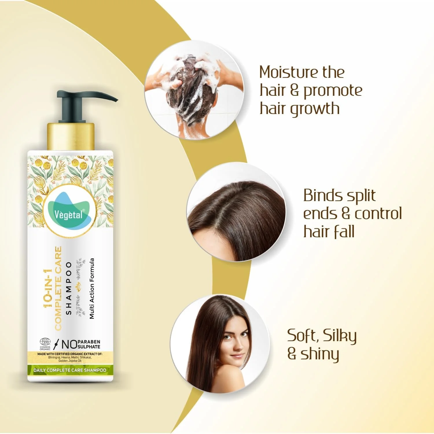 شامپو کامل مراقبت از مو 10 در 1 Vegetal بدون پارابن و سولفات، جلوگیری از آسیب مو، تقویت رشد مو، پاکسازی و نرم کننده، بهبود سلامت پوست سر، استفاده روزانه 200 میلی لیتر