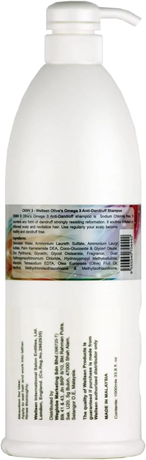 ولسن CKNV 3 - شامپو ضد شوره امگا 3 زیتون | شامپو تسکین دهنده و مرطوب کننده ضد شوره با پروتئین طبیعی، شوره سر را از بین می برد و پوست سر شما را تسکین می دهد 1000 میلی لیتر ولسن CKNV 3 - شامپو ضد شوره امگا 3 زیتون | شامپو تسکین دهنده و مرطوب کننده ضد شوره با پروتئین طبیعی، شوره سر را از بین می برد و پوست سر شما را تسکین می دهد 1000 میلی لیتر
