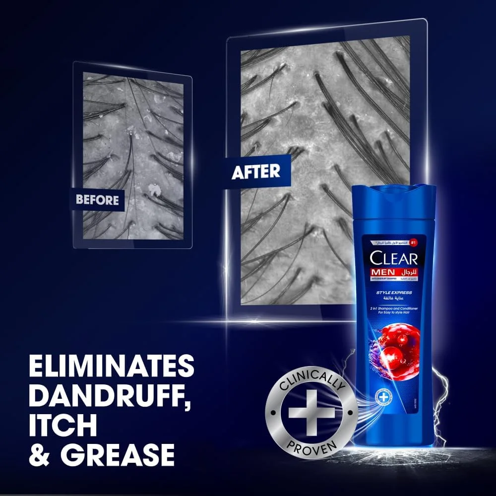 شامپو و نرم کننده 2 در 1 مردانه CLEAR، شامپو ضد شوره، Style Express، موهای 100% بدون شوره و پوست سر تغذیه شده، 200 میلی لیتر شامپو و نرم کننده 2 در 1 مردانه CLEAR، شامپو ضد شوره، Style Express، موهای 100% بدون شوره و پوست سر تغذیه شده، 200 میلی لیتر