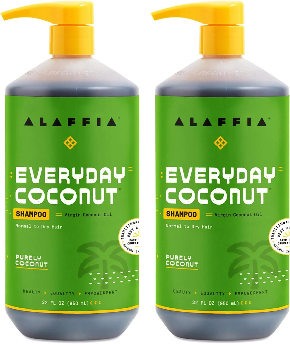شامپو نارگیل روزانه آلافیا، شامپو پاک کننده ملایم برای موهای معمولی تا خشک، ساخته شده با روغن نارگیل غنی از ویتامین E، بدون پارابن یا فتالات، نارگیل، 2 بسته - 32 Fl Oz Ea