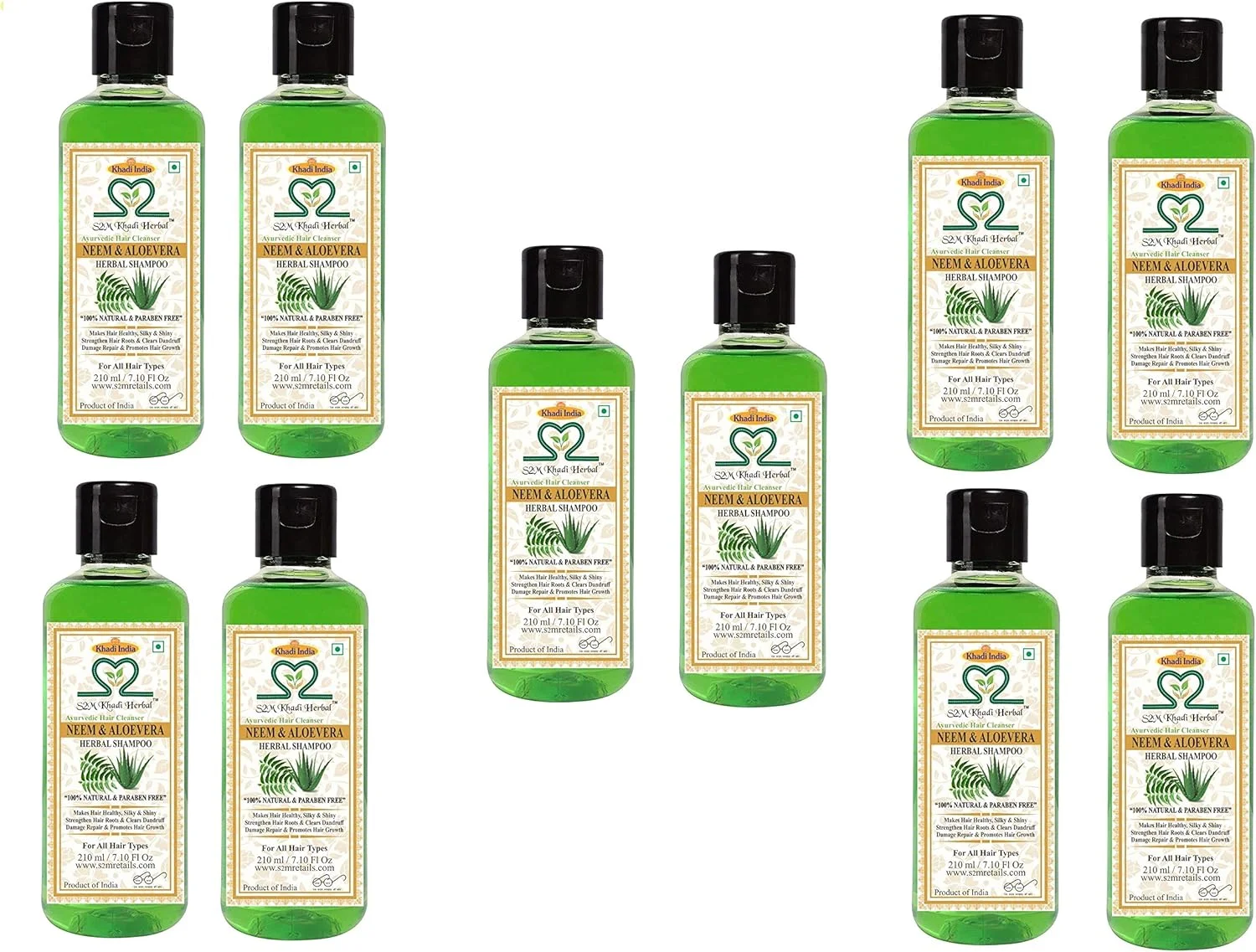 شامپو گیاهی خانواده S2M KHADI - شامپو آلوئه ورا و عصاره Neem (بدون پارابن) پاک کننده موی ضد شوره و ضد قارچ آیورودا 210 میلی لیتر (مجموعه 10 عددی)