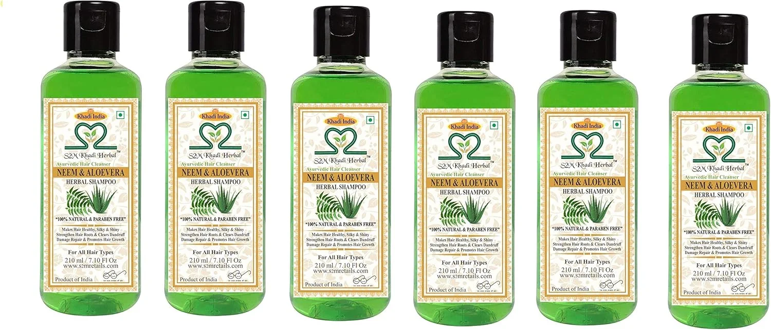 شامپو گیاهی S2M Khadi Neem Aloevera (بدون پارابن) پاک کننده موی آیورودا ضد شوره / ضد قارچ 210 میلی لیتر (مجموعه 6 عددی)