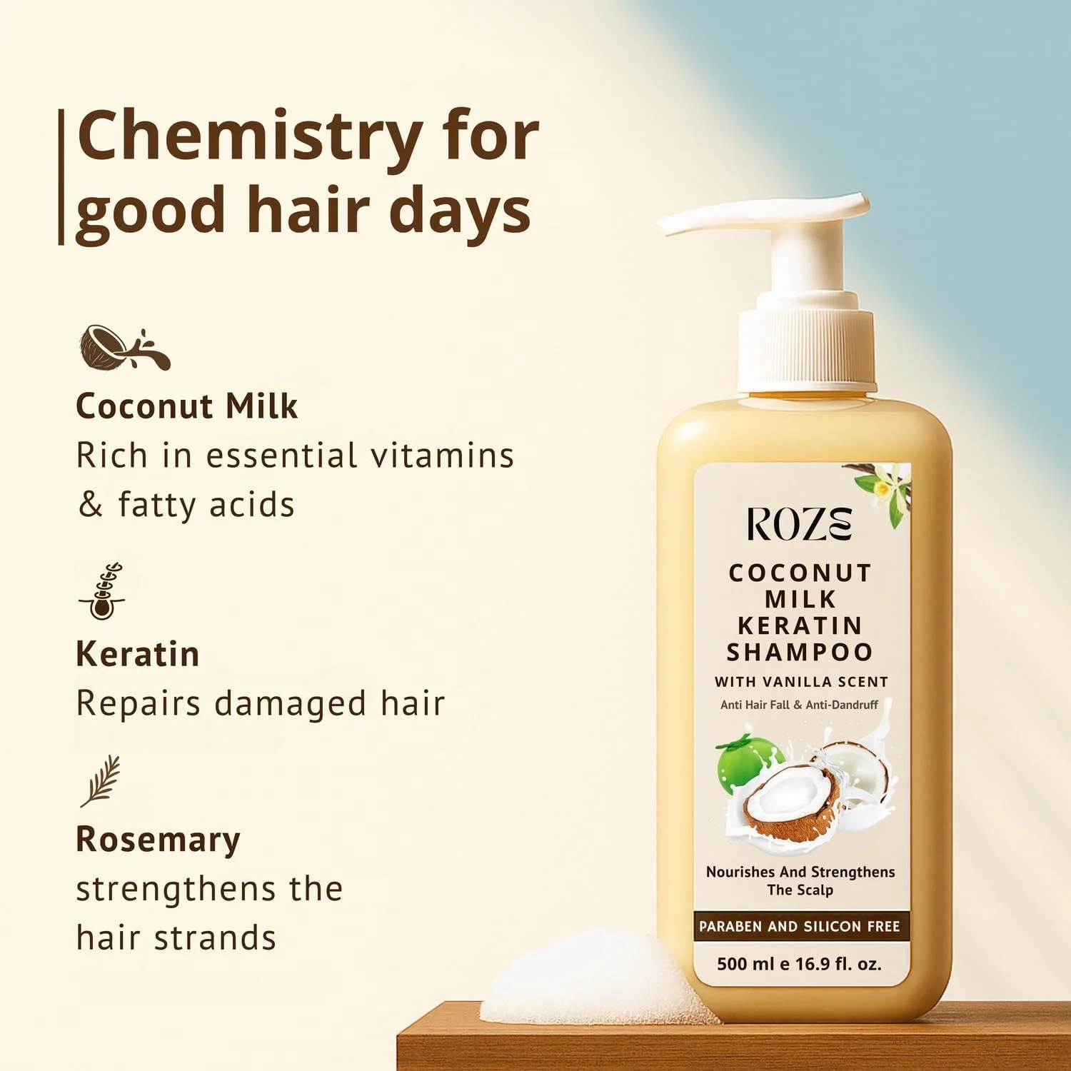 شامپو کراتین شیر نارگیل Roze | ضد ریزش مو | ضد شوره سر | 500 میلی لیتر شامپو کراتین شیر نارگیل Roze | ضد ریزش مو | ضد شوره سر | 500 میلی لیتر