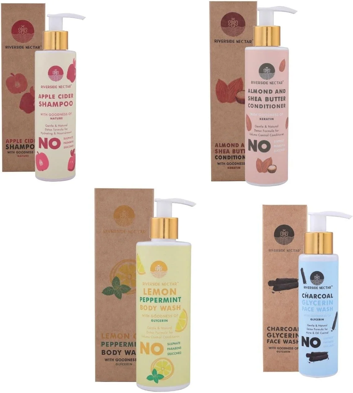 مجموعه 4 عددی ریورساید نکتار شامل شامپو سرکه سیب، شستشوی بدن لیمو نعناع فلفلی، نرم کننده کراتین شی باتر و شستشوی صورت گلیسیرین زغال چوب برای کنترل پوست و موهای ضد شوره و عالی مجموعه 4 عددی ریورساید نکتار شامل شامپو سرکه سیب، شستشوی بدن لیمو نعناع فلفلی، نرم کننده کراتین شی باتر و شستشوی صورت گلیسیرین زغال چوب برای کنترل پوست و موهای ضد شوره و عالی