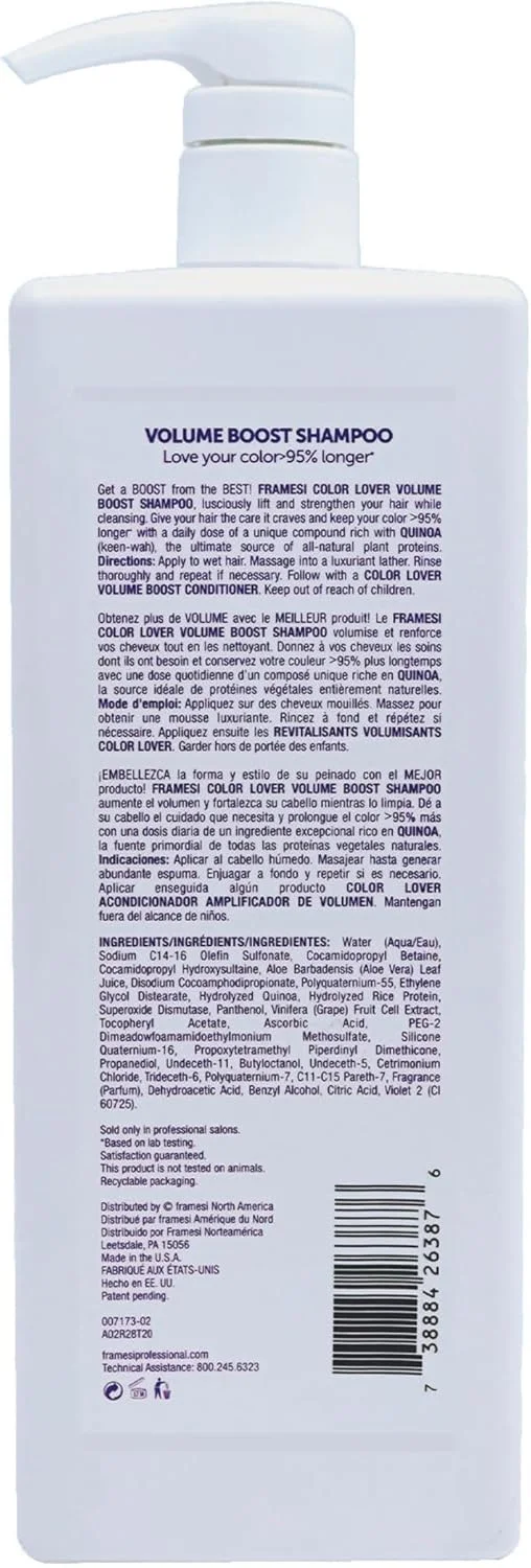 شامپو حجم دهنده موهای رنگ شده Framesi Color Lover - 1000 میلی لیتر، بدون سولفات، سبک، حجم دهنده، وگان، بدون گلوتن، بدون تست حیوانی شامپو حجم دهنده موهای رنگ شده Framesi Color Lover - 1000 میلی لیتر، بدون سولفات، سبک، حجم دهنده، وگان، بدون گلوتن، بدون تست حیوانی