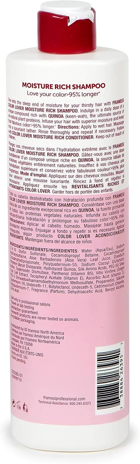 شامپو آبرسان موهای رنگ شده Framesi Color Lover، حجم 500 میلی لیتر، شامپو بدون سولفات حاوی کینوا و آلوئه ورا شامپو آبرسان موهای رنگ شده Framesi Color Lover، حجم 500 میلی لیتر، شامپو بدون سولفات حاوی کینوا و آلوئه ورا