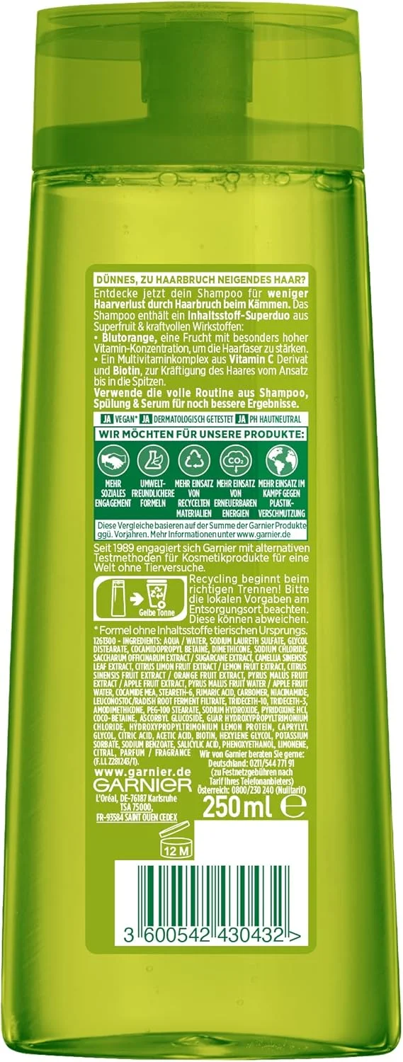 شامپو تقویت کننده موهای نازک و مستعد شکستگی گارنیه فروکتیس حاوی ویتامین ها و قدرت - با پرتقال خونی، مشتق ویتامین C و بیوتین، 300 میلی لیتر شامپو تقویت کننده موهای نازک و مستعد شکستگی گارنیه فروکتیس حاوی ویتامین ها و قدرت - با پرتقال خونی، مشتق ویتامین C و بیوتین، 300 میلی لیتر