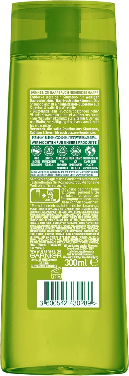 شامپو تقویت کننده موهای نازک و مستعد شکستگی گارنیه فروکتیس حاوی ویتامین ها و قدرت - با پرتقال خونی، مشتق ویتامین C و بیوتین، 300 میلی لیتر شامپو تقویت کننده موهای نازک و مستعد شکستگی گارنیه فروکتیس حاوی ویتامین ها و قدرت - با پرتقال خونی، مشتق ویتامین C و بیوتین، 300 میلی لیتر