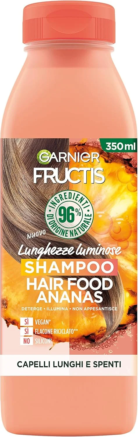 شامپو مو گارنیر Fructis Hair Food آناناس برای درخشندگی موهای بلند و کدر، فرمول با 96% مواد منشاء طبیعی 350 میلی لیتر