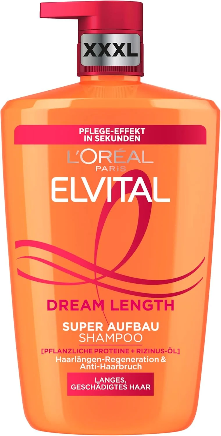 شامپو ترمیم کننده مو لورآل پاریس Elvital XXXL، مناسب موهای بلند و رویایی، حاوی روغن کرچک، ویتامین ها و پروتئین های گیاهی، شامپو فوق العاده ترمیم کننده Dream Length، 1 x 1000 میلی لیتر