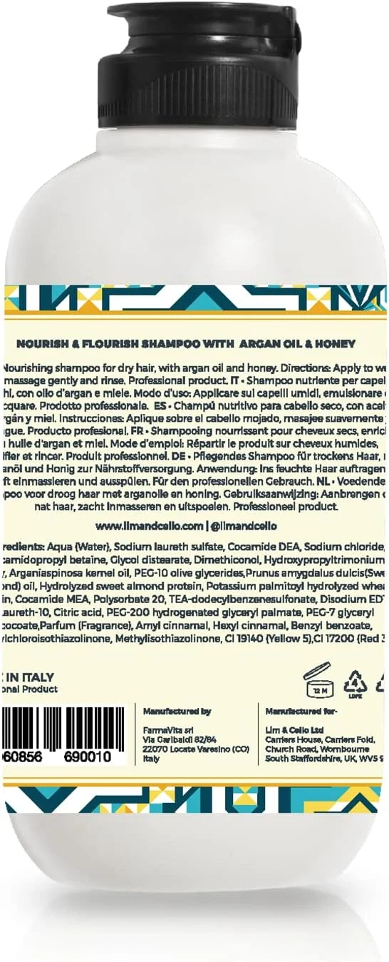 شامپو مغذی و درخشان کننده مو لیم اند چلو حاوی روغن آرگان و عسل، غنی از ویتامین E و اسیدهای چرب ضروری، شامپو ایده آل برای موهای خشک و کدر، ساخت ایتالیا، 250 میلی لیتر