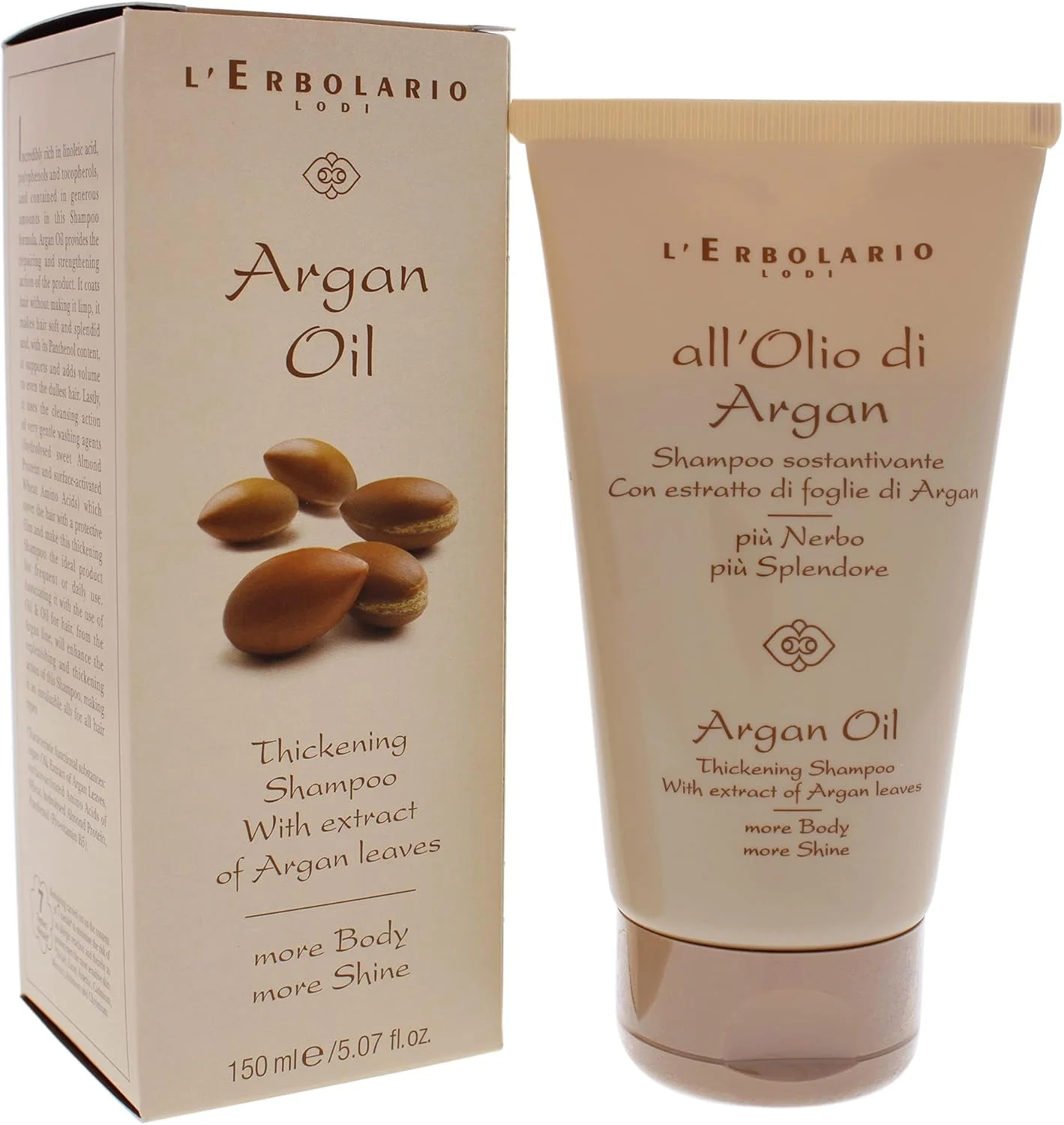 شامپو غلیظ کننده روغن آرگان L'Erbolario - درمان پاک کننده کرمی - ایده آل برای انواع مو - فرمول غنی و مغذی - محافظت می کند، موها را براق و پرپشت می کند - 150 میلی لیتر