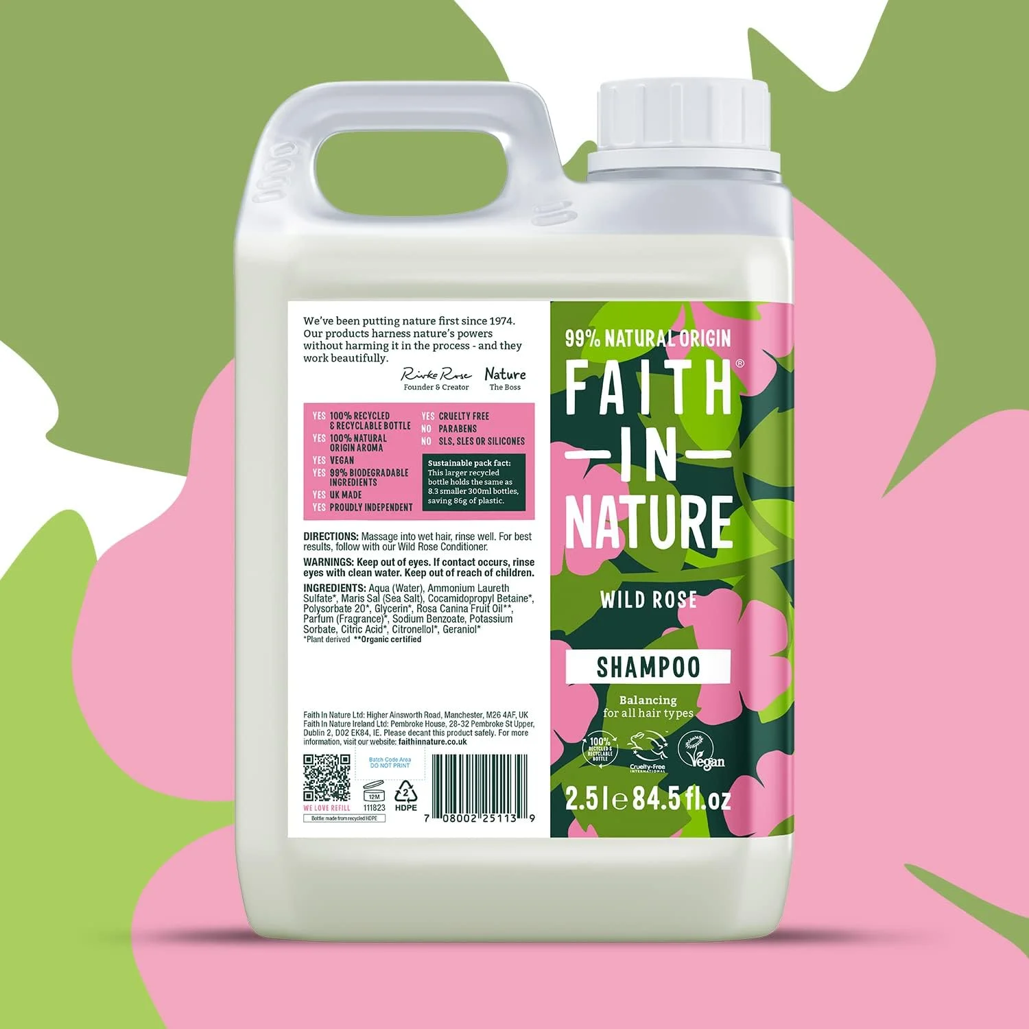 شامپو گل رز وحشی طبیعی Faith In Nature، مغذی برای مو و پوست سر معمولی، وگان و بدون تست حیوانی، بدون SLS، سیلیکون یا پارابن، 2.5 لیتر