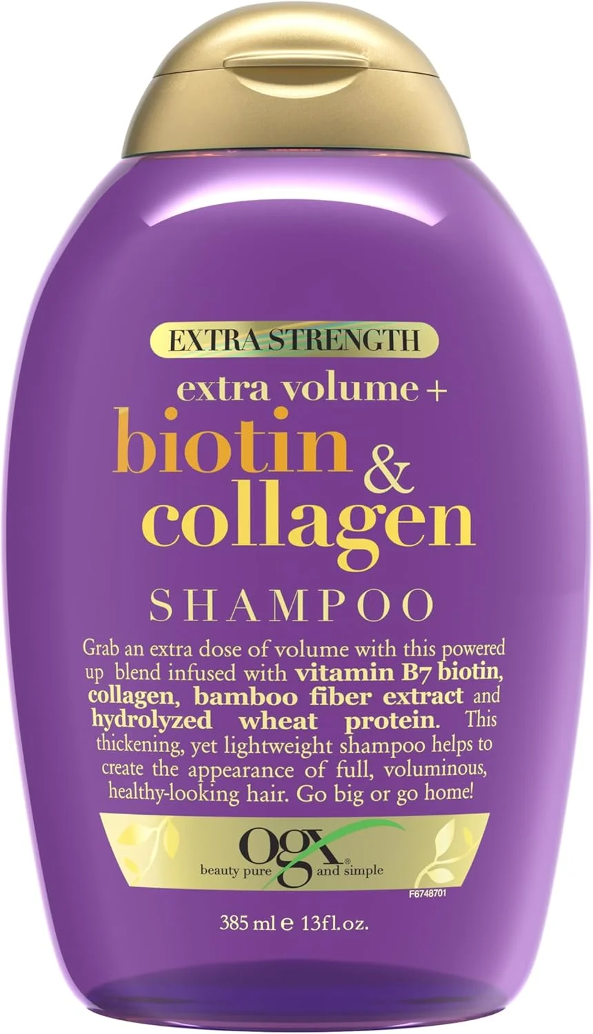 شامپو حجم دهنده موهای نازک OGX Thick & Full + Biotin Collagen Extra Strength با ویتامین B7 و پروتئین گندم هیدرولیز شده. بدون سولفات، برای موهایی ضخیم تر و پرپشت تر، 385 میلی لیتر