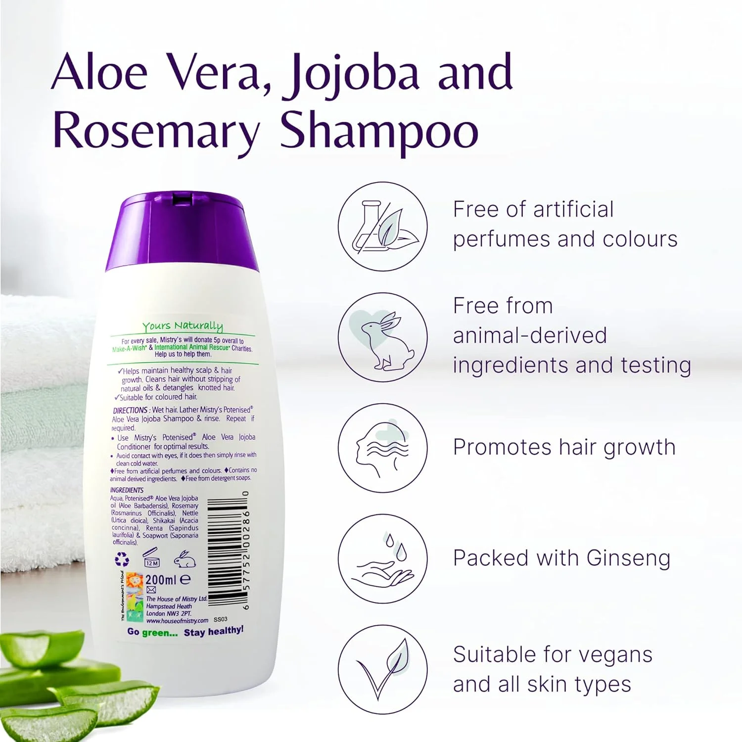شامپو آلوئه جوجوبا و رزماری میستری 200 میلی لیتر - شامپو مراقبت از موی طبیعی، ملایم، تقویت کننده و مغذی - مناسب برای تمام سنین و انواع مو، بدون افزودنی، وگان