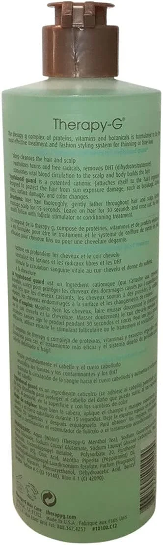 شامپو آنتی اکسیدان Therapy-G (350ml 12oz) برای موهای نازک، کم پشت و ضد ریزش مو. از رنگ مو محافظت می کند و از آسیب دیدگی جلوگیری می کند و به مهار DHT و تحریک رشد مجدد مو کمک می کند.