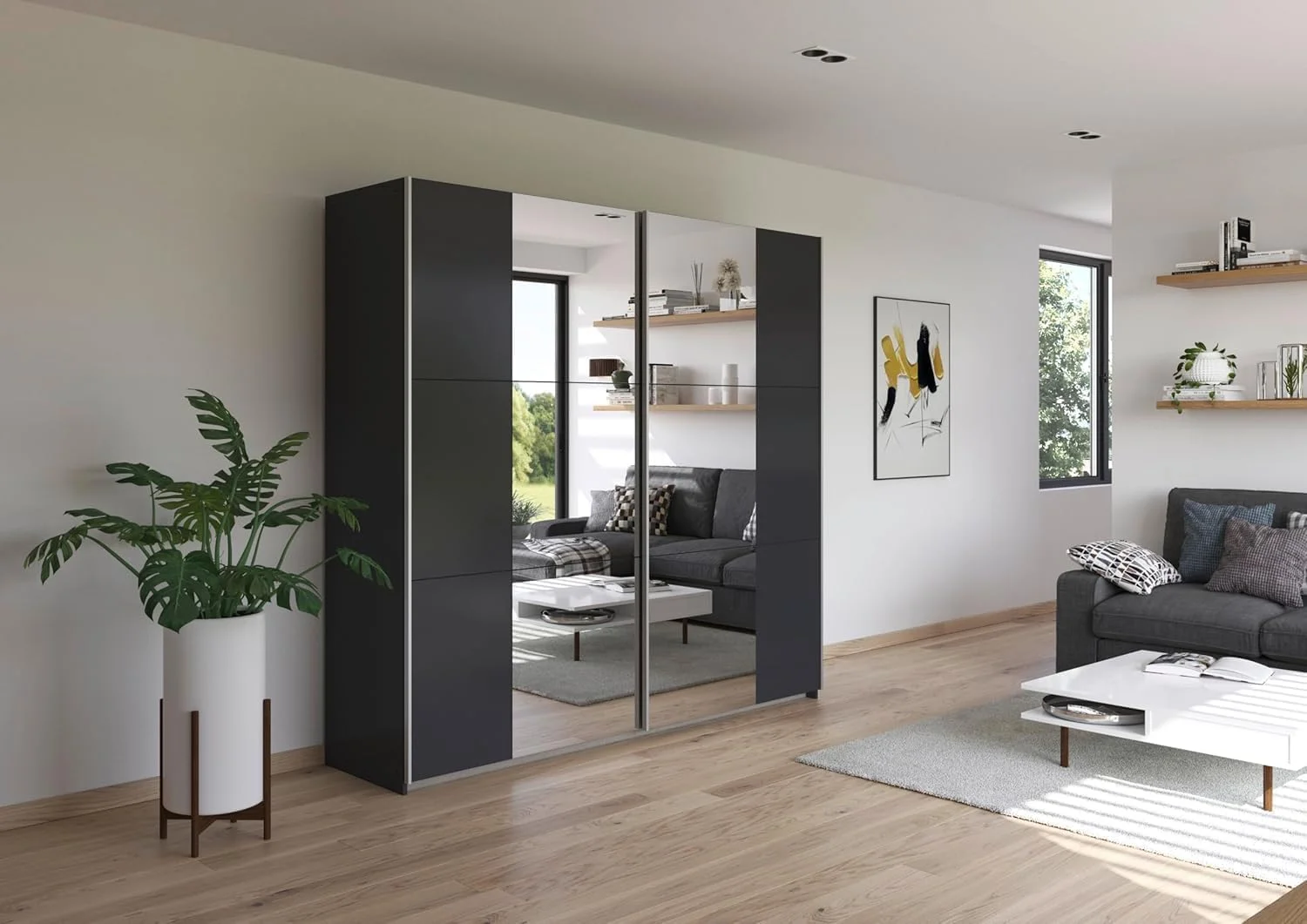 کمد لباس درب ریلی چوبی FurniFlex مدل Caracas، سایز ۱۳۶ سانتی متر در ۲۱۰ سانتی متر در ۶۲ سانتی متر، رنگ بلوطی