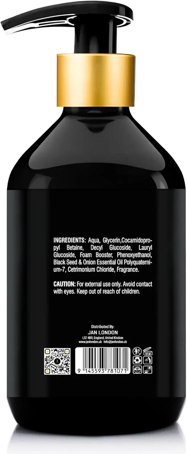 شامپو ضد ریزش مو با دانه سیاه و پیاز JAN LONDON | پاک کننده تقویت کننده مو با عصاره های طبیعی | بدون سولفات، بدون پارابن، بدون سیلیکون | تقویت کننده رشد موهای قوی تر و سالم تر | 500 میلی لیتر شامپو ضد ریزش مو با دانه سیاه و پیاز JAN LONDON | پاک کننده تقویت کننده مو با عصاره های طبیعی | بدون سولفات، بدون پارابن، بدون سیلیکون | تقویت کننده رشد موهای قوی تر و سالم تر | 500 میلی لیتر