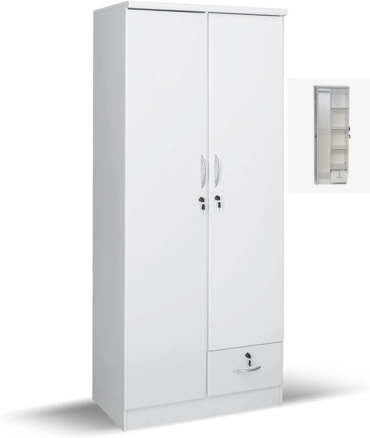 کمد لباس چوبی 2 درب Furniture4Us، کابینت، کمد از جنس چوب مهندسی شده با 1 کشو قفل دار، شیک و مدرن، ساخت تایلند، رنگ (سفید) کمد لباس چوبی 2 درب Furniture4Us، کابینت، کمد از جنس چوب مهندسی شده با 1 کشو قفل دار، شیک و مدرن، ساخت تایلند، رنگ (سفید)