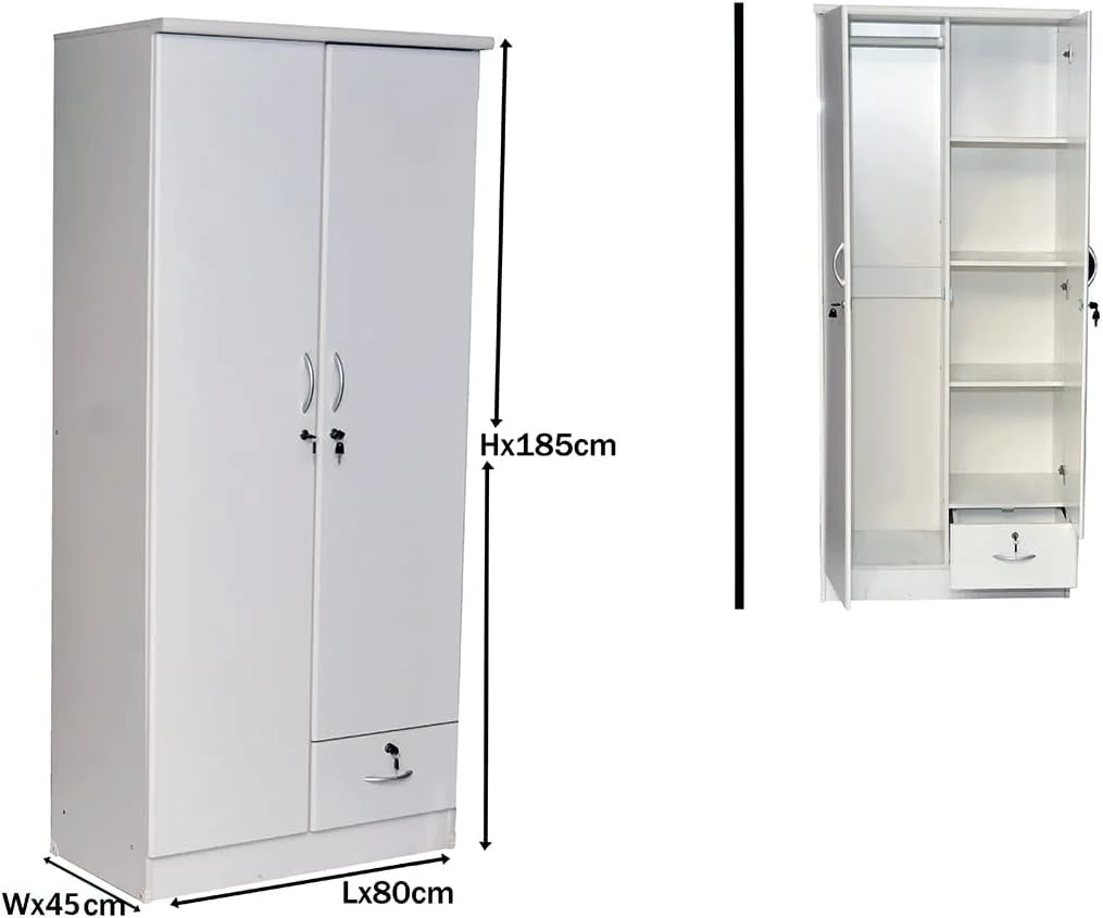 کمد لباس چوبی 2 درب Galaxy Design با 1 کشو قفل دار رنگ سفید - سایز (80 طول x 45 عمق x 185 ارتفاع) سانتی متر مدل GDF-621W