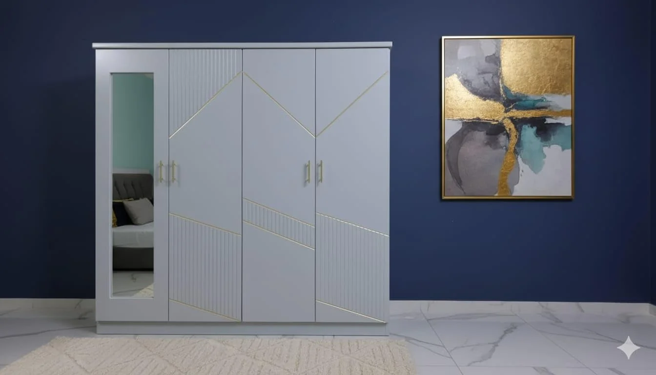کمد لباس مدرن 4 درب، 200x200x50 سانتی متر، سفید با جزئیات طلایی، آینه داخلی کمد لباس مدرن 4 درب، 200x200x50 سانتی متر، سفید با جزئیات طلایی، آینه داخلی