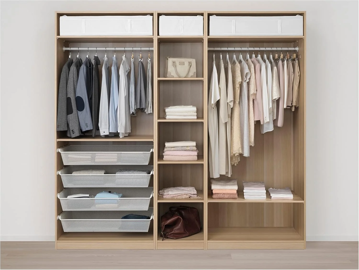 کمد لباس PAX/MERÅKER، ۲۵۰x۶۰x۲۳۶ سانتی متر، روکش بلوط سفید رنگ شده/خاکستری تیره