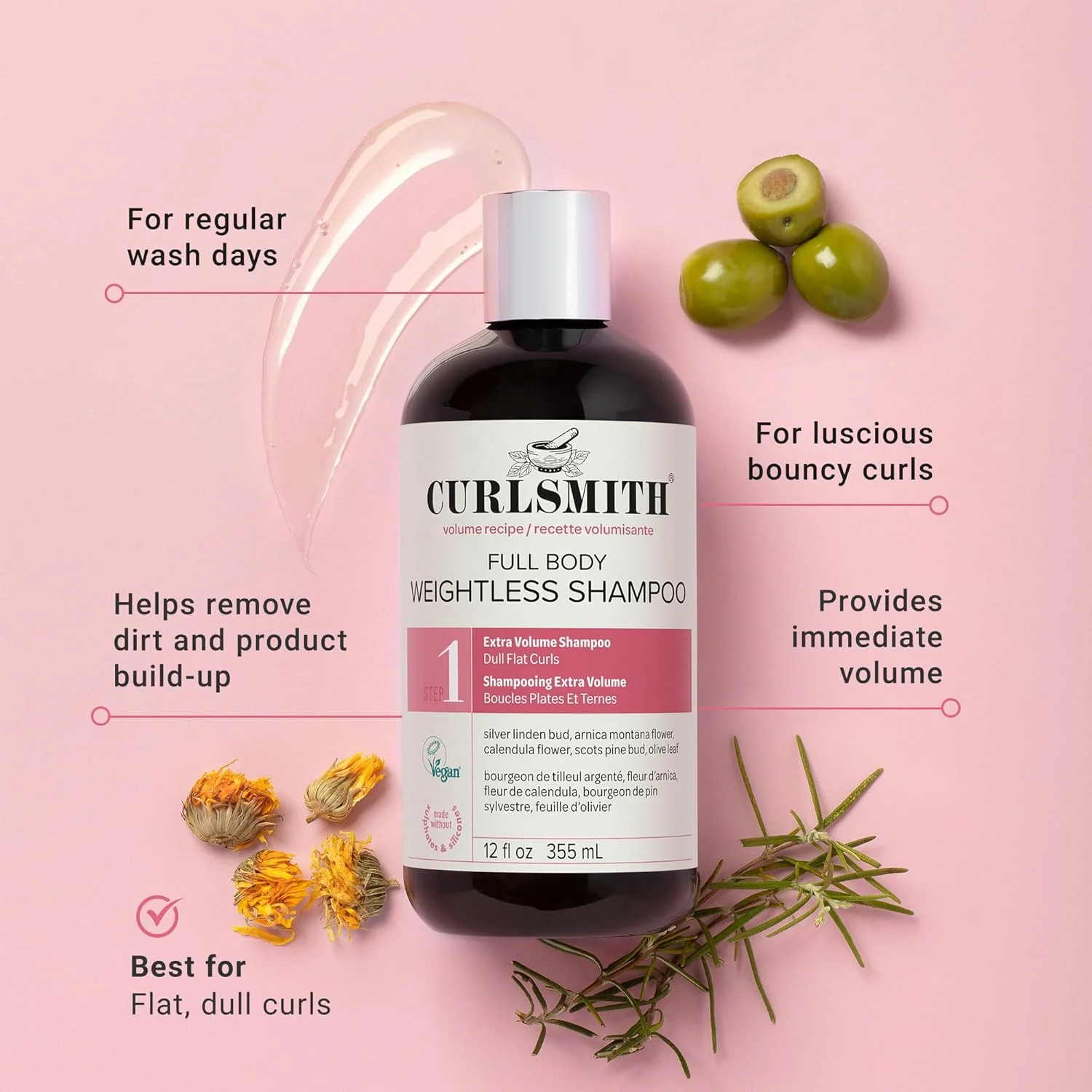 CURLSMITH - پاک کننده بدون وزن کل بدن، شامپو حجم دهنده برای موهای موج دار، فر یا مجعد، وگان (355 میلی لیتر)