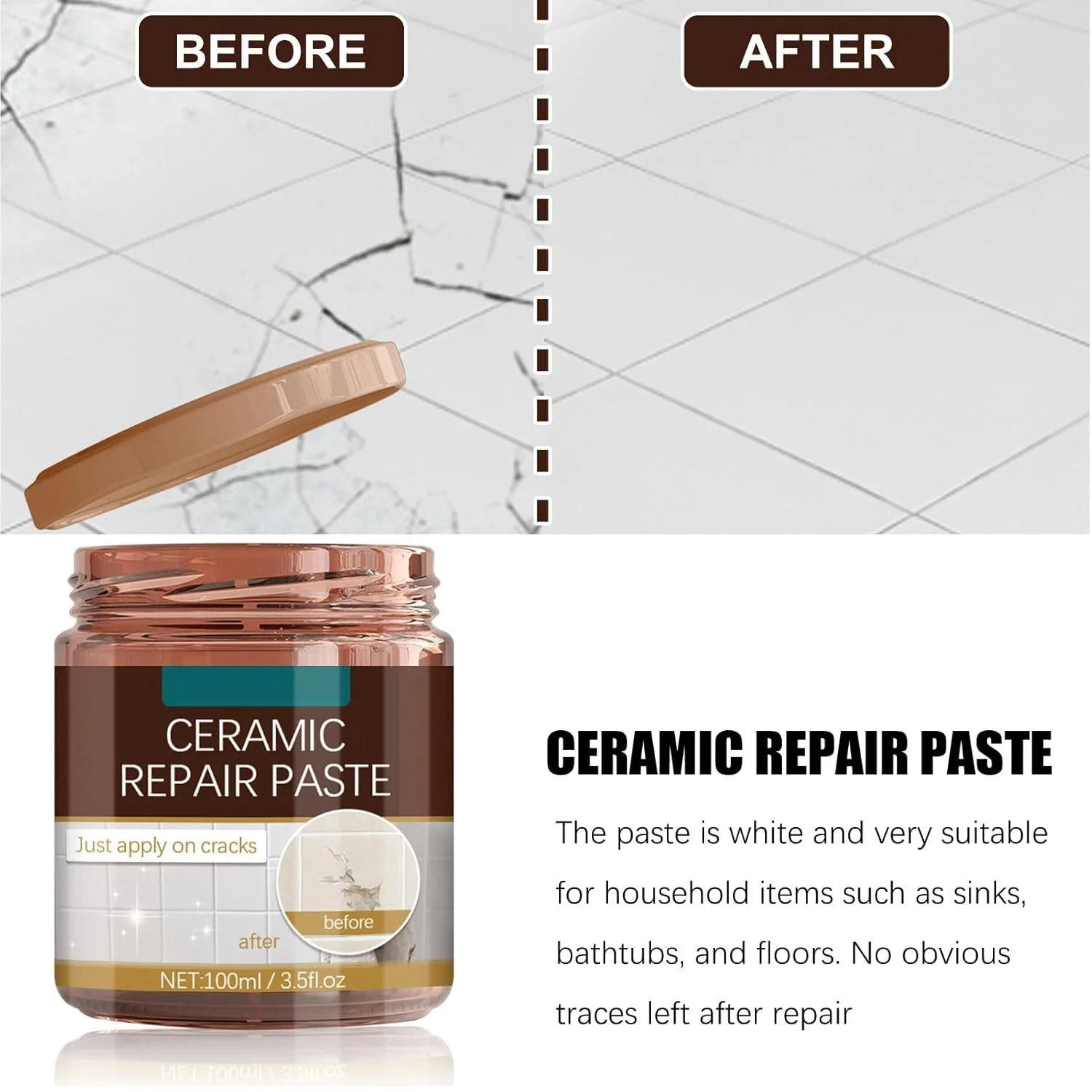 خمیر ترمیم کننده کاشی سرامیکی Excefore، کیت ترمیم کننده фарфор ۱۰۰ میلی لیتری، خمیر ترمیم کننده وان حمام، کرم ترمیم کننده اکریلیک фарфор فایبرگلاس مینا، خمیر ترمیم کننده کاشی، وان، سینک و دوش برای خراش ها، سوراخ ها و ترک ها