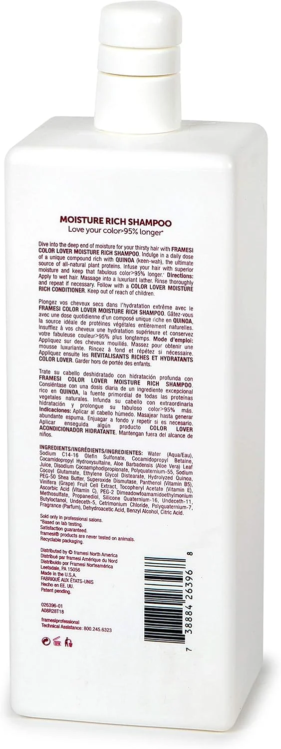 شامپو مرطوب کننده غنی Framesi Color Lover، ۱۰۰۰ میلی لیتر، شامپو بدون سولفات حاوی کینوا و آلوئه ورا، مناسب موهای رنگ شده