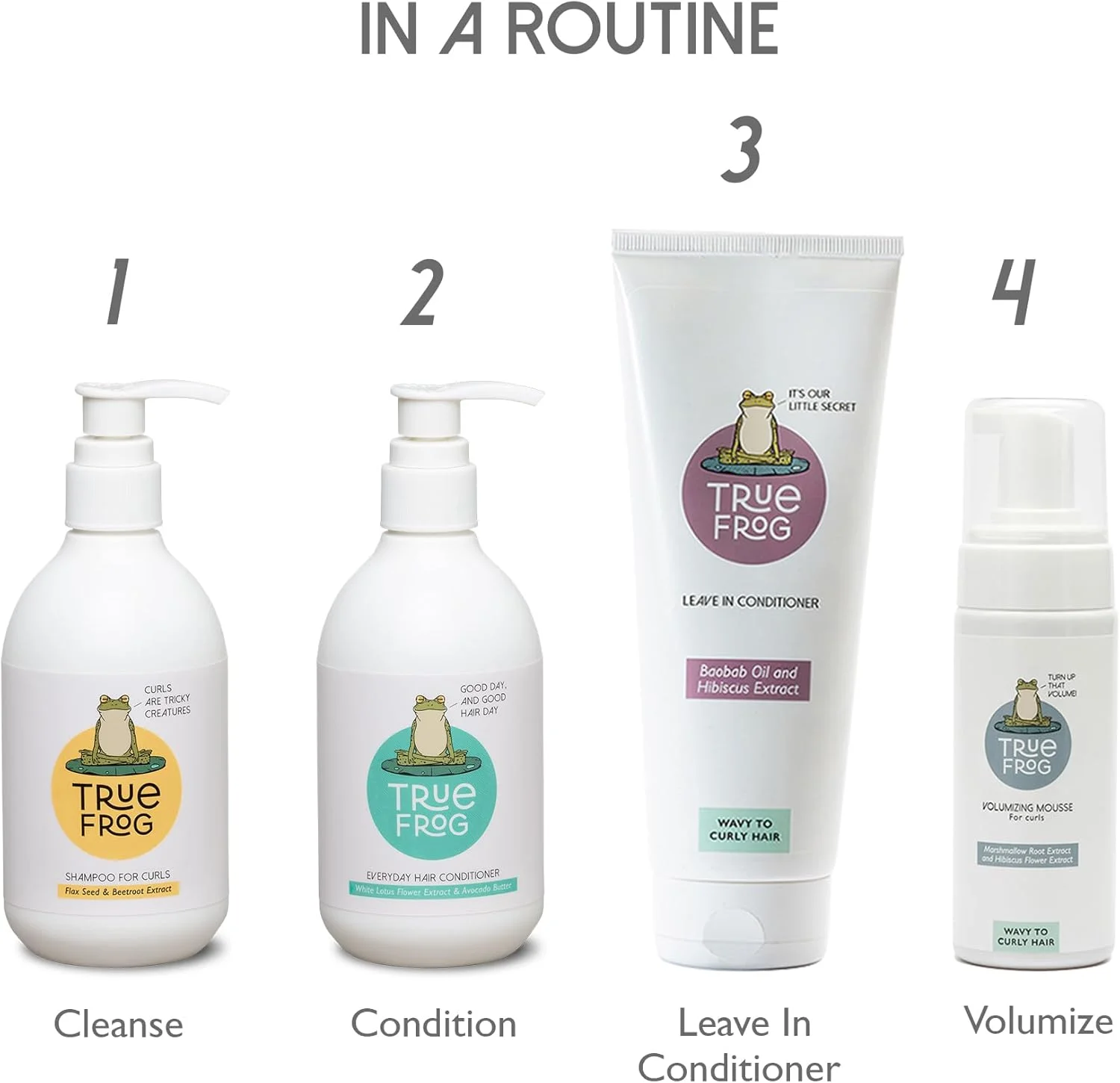 مجموعه مراقبت از فر حجم دهنده True Frog شامل شامپو برای موهای فر - 250 میلی لیتر، نرم کننده موی روزانه - 250 میلی لیتر، نرم کننده موی بعد از حمام - 200 میلی لیتر و موس حجم دهنده - 150 میلی لیتر - (بسته ترکیبی 4 عددی)