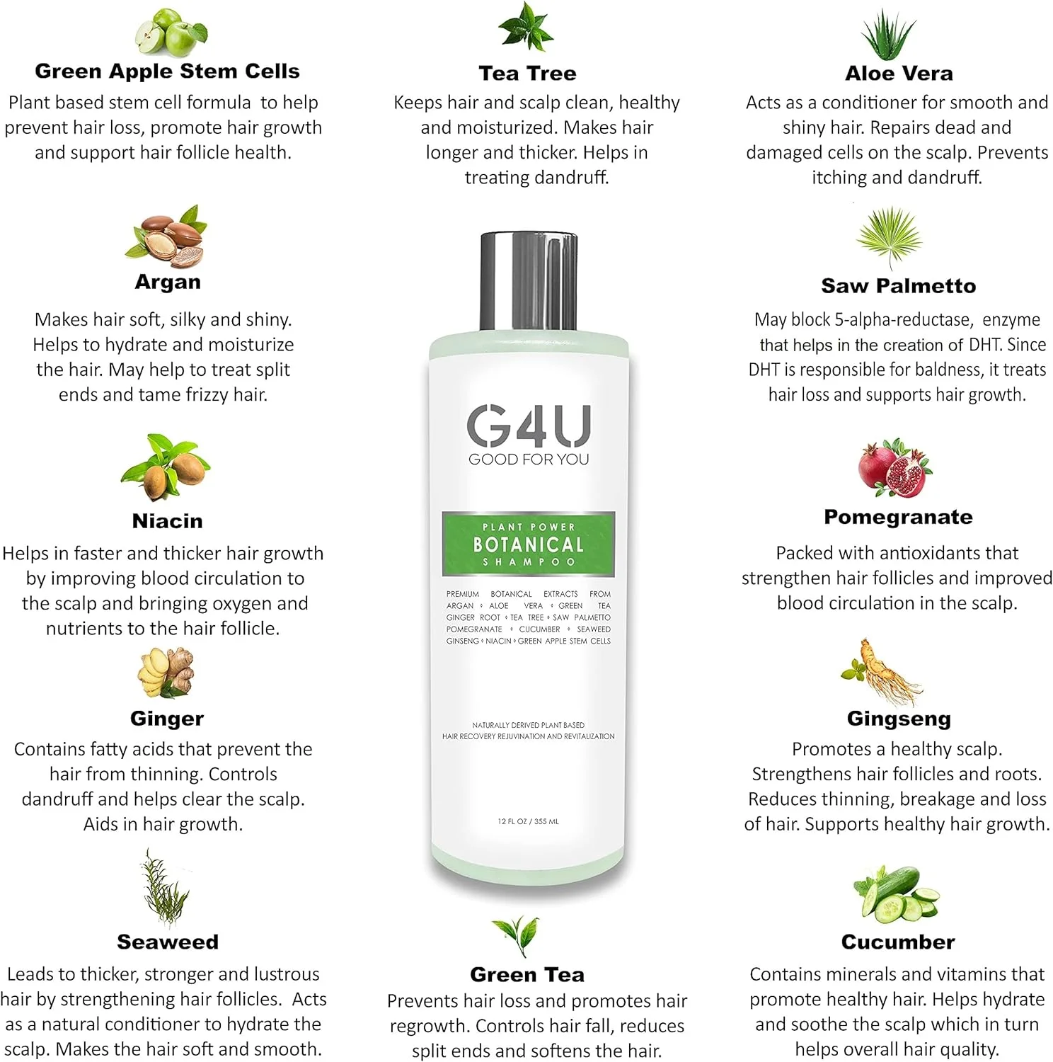 شامپو گیاهی قدرت گیاهی G4U (355 میلی لیتر)، مواد طبیعی گیاهی، برای احیا و شادابی مو، کاهش ریزش مو، مناسب برای انواع مو، بدون پارابن و سولفات