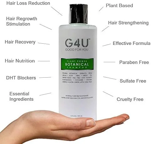 شامپو گیاهی قدرت گیاهی G4U (355 میلی لیتر)، مواد طبیعی گیاهی، برای احیا و شادابی مو، کاهش ریزش مو، مناسب برای انواع مو، بدون پارابن و سولفات