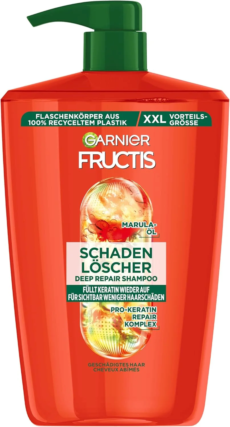شامپو ترمیم کننده موهای آسیب دیده Garnier Fructis Damage Extinguisher XXL، حاوی روغن آملا و پروتئین های گیاهی Kera برای کاهش موخوره، فرمت Maxi، 1000 میلی لیتر