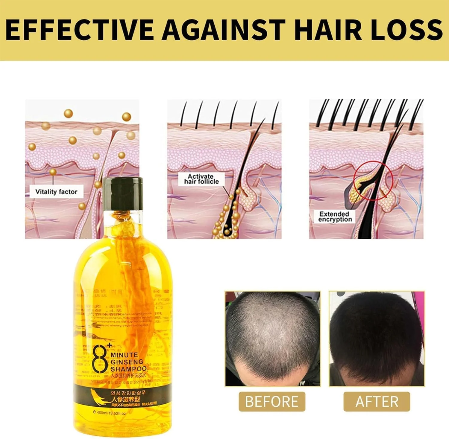 شامپو جینسینگ 8 دقیقه ای، شامپو مغذی ریشه حاوی عصاره جینسینگ، شامپو ضد ریزش مو برای آقایان و بانوان، شامپو ضخیم کننده مو برای موهای قوی تر، ضخیم تر و بلندتر (1 عدد)