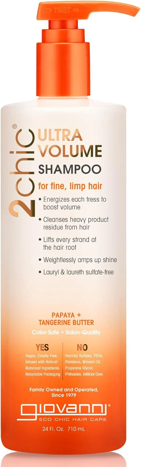 شامپو حجم دهنده فوق العاده جیووانی 2chic - فرمول حجم دهنده روزانه با کره پاپایا و نارنگی، کنترل بدون وزن را برای موهای نازک و کم حجم افزایش می دهد، بدون پارابن، محافظ رنگ - 710 میلی لیتر