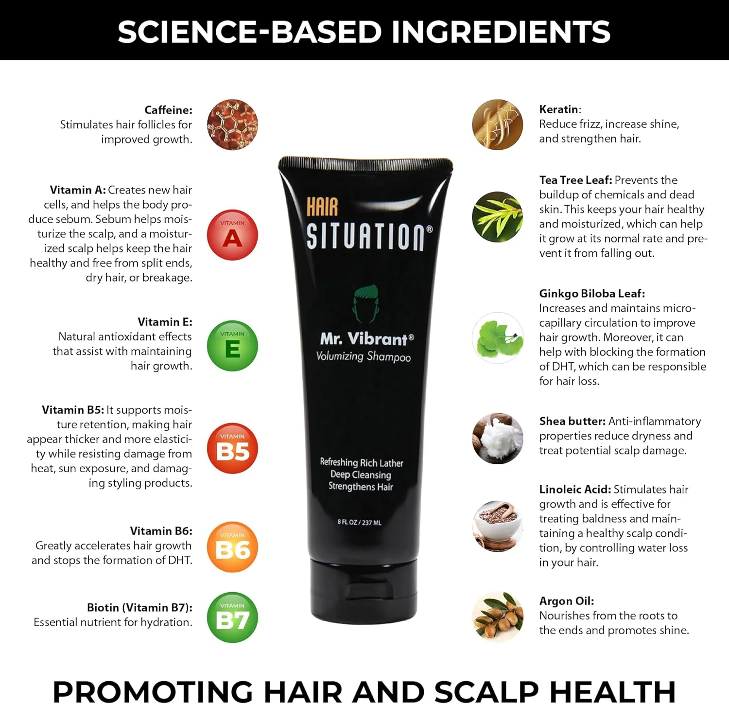 شامپو حجم دهنده آقایان Mr. Vibrant مناسب برای موهای نازک، تقویت کننده و ضد ریزش، محرک رشد سالم مو غنی شده با مواد مغذی ویتامین H، E، B5، B6، روغن درخت چای - فاقد سولفات