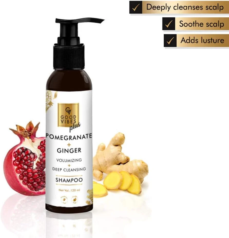 شامپو حجم دهنده و پاک کننده عمیق مو گود وایبز پلاس - انار + زنجبیل (120 میلی لیتر)