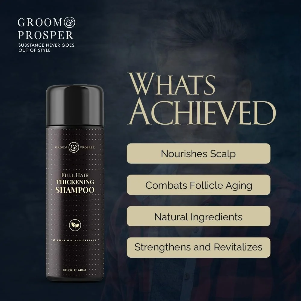 GROOM & PROSPER - شامپو ضخیم کننده کامل مو برای مردان با کاپیکسیل، روغن آملا، عصاره درخت چای، آلوئه ورا و عصاره چای سبز - 236 میلی لیتر