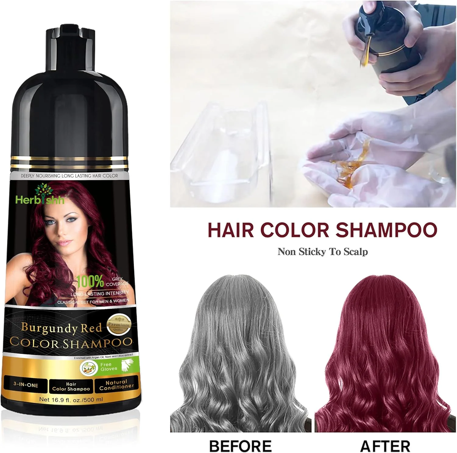 شامپو رنگ مو هربیش برای موهای سفید - شامپو رنگ موی جادویی - رنگ کردن مو در چند دقیقه - ماندگاری طولانی - 500 میلی لیتر - رنگ موی 3 در 1 - بدون آمونیاک | هربیش (شرابی)