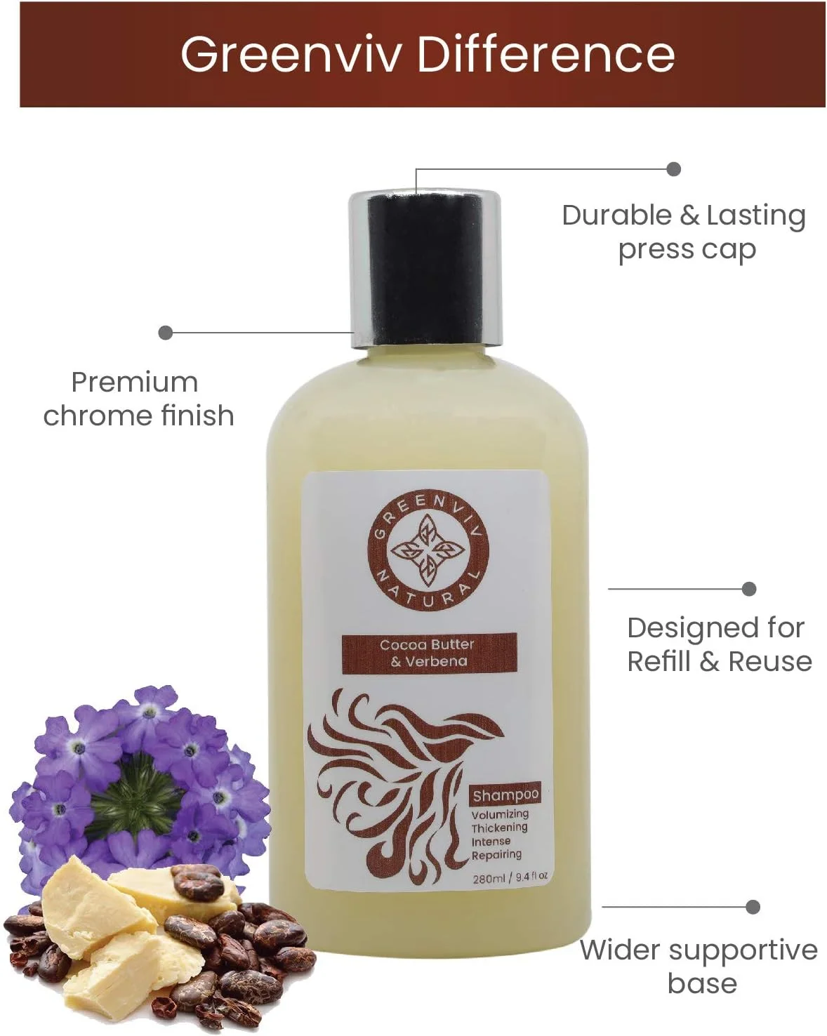 شامپو حجم دهنده و ضخیم کننده گرین ویو - کره کاکائو و وربنا، 280 میلی لیتر