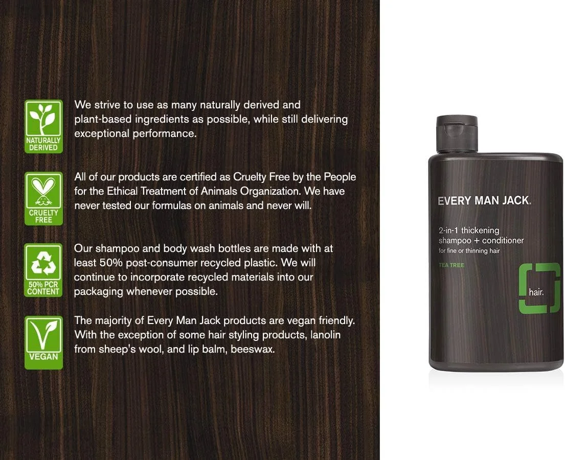 شامپو و نرم کننده ضخیم کننده 2 در 1 Every Man Jack - موها را با نارگیل، آلوئه ورا و روغن درخت چای ضخیم، تمیز و آبرسانی می کند - مشتق شده طبیعی و بدون مواد شیمیایی مضر - بسته دوقلو